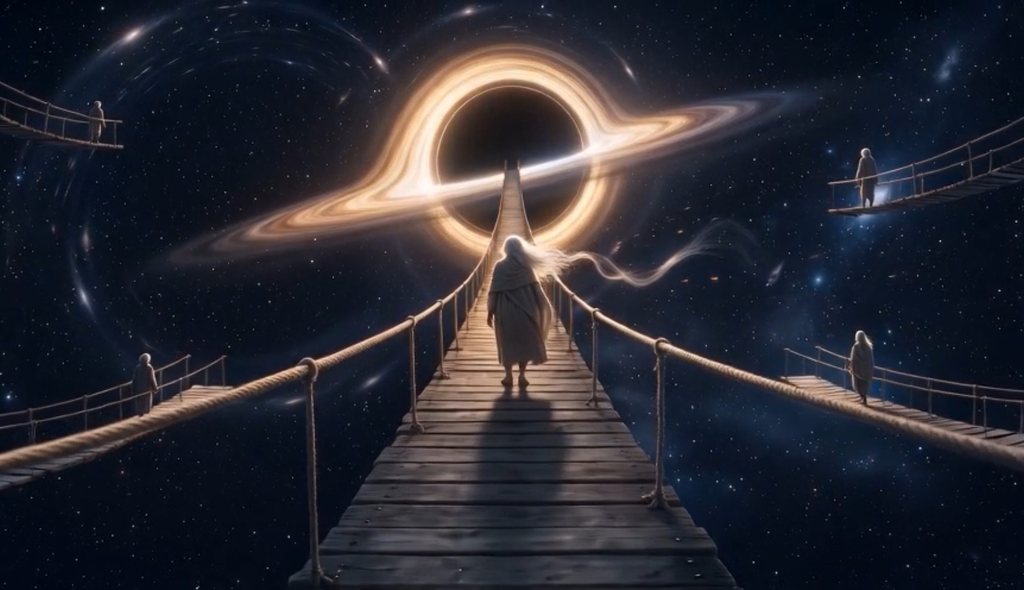 A robed figure walks a rope bridge toward a glowing black hole, while others cross their own bridges through space.